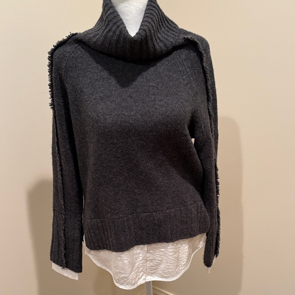 Brochu Walker Dark Gray Cashmere Turtleneck Sweater w/layered White Blouse